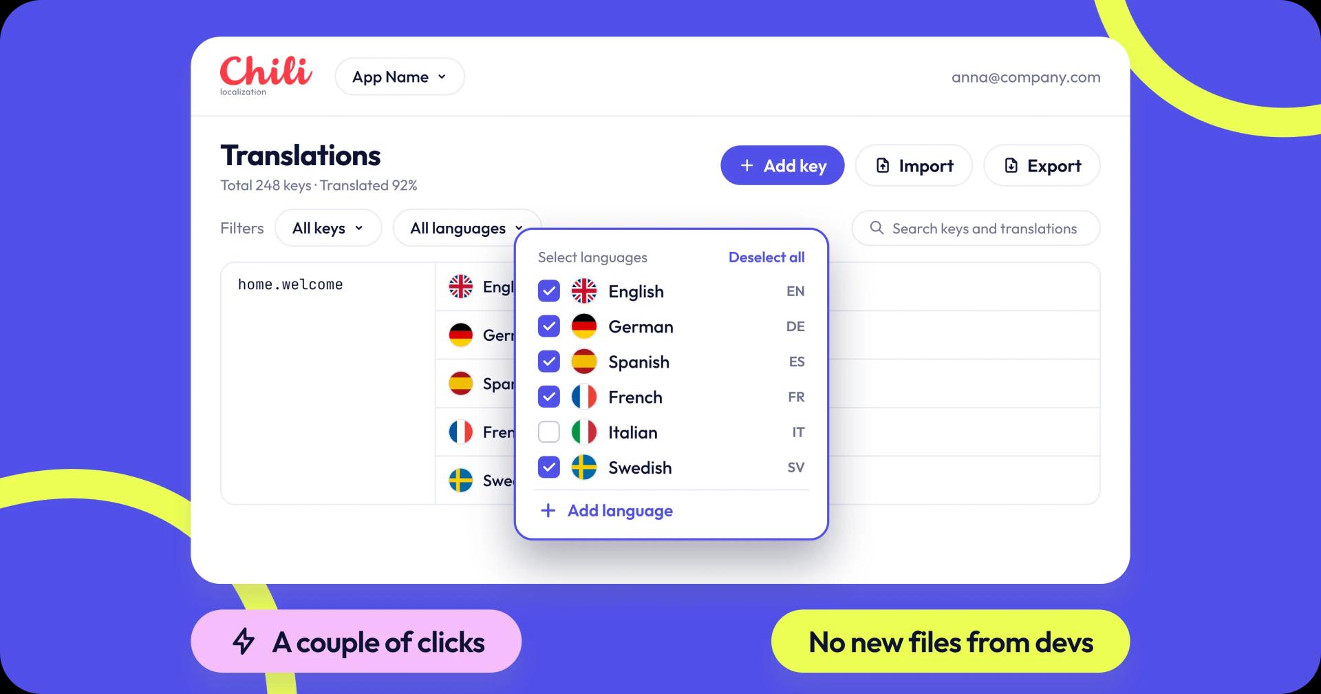 menu showing available languages