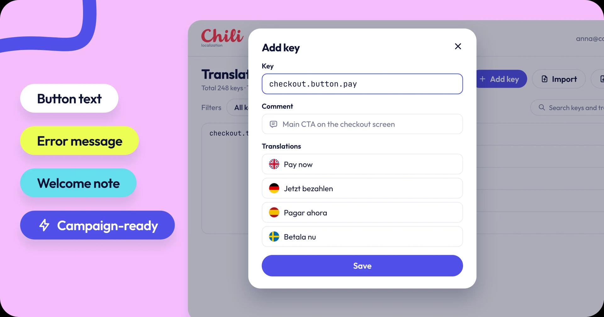 button text, error message, welcome note, campaign-ready