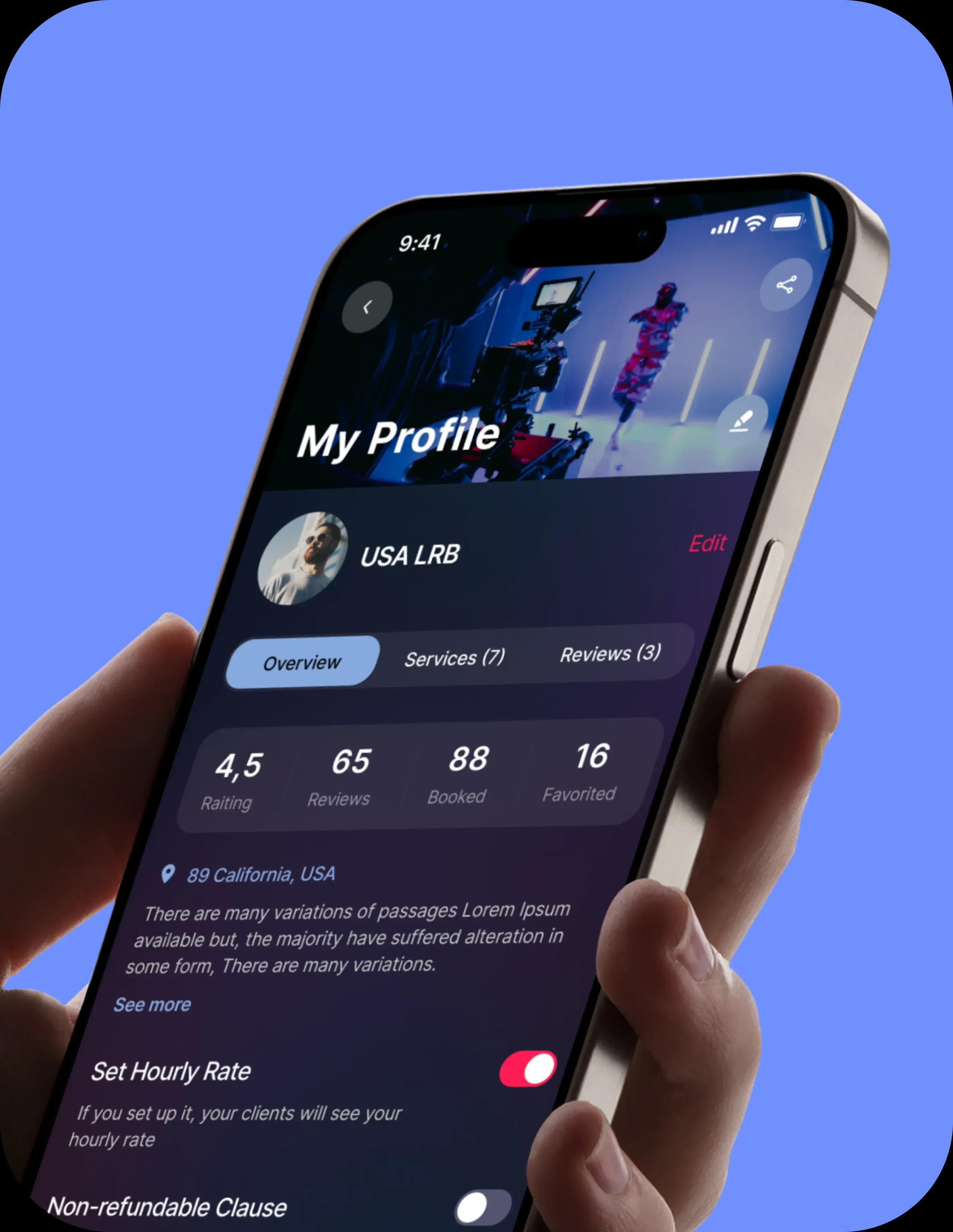 Hand holding an iPhone model with Evntly app opened my profile section in terms of accessibility