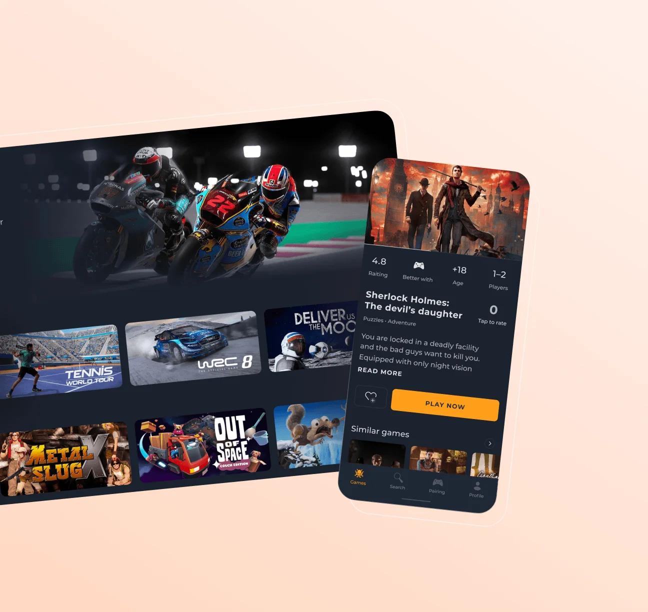 Tablet and mobile phone with video game app on screen