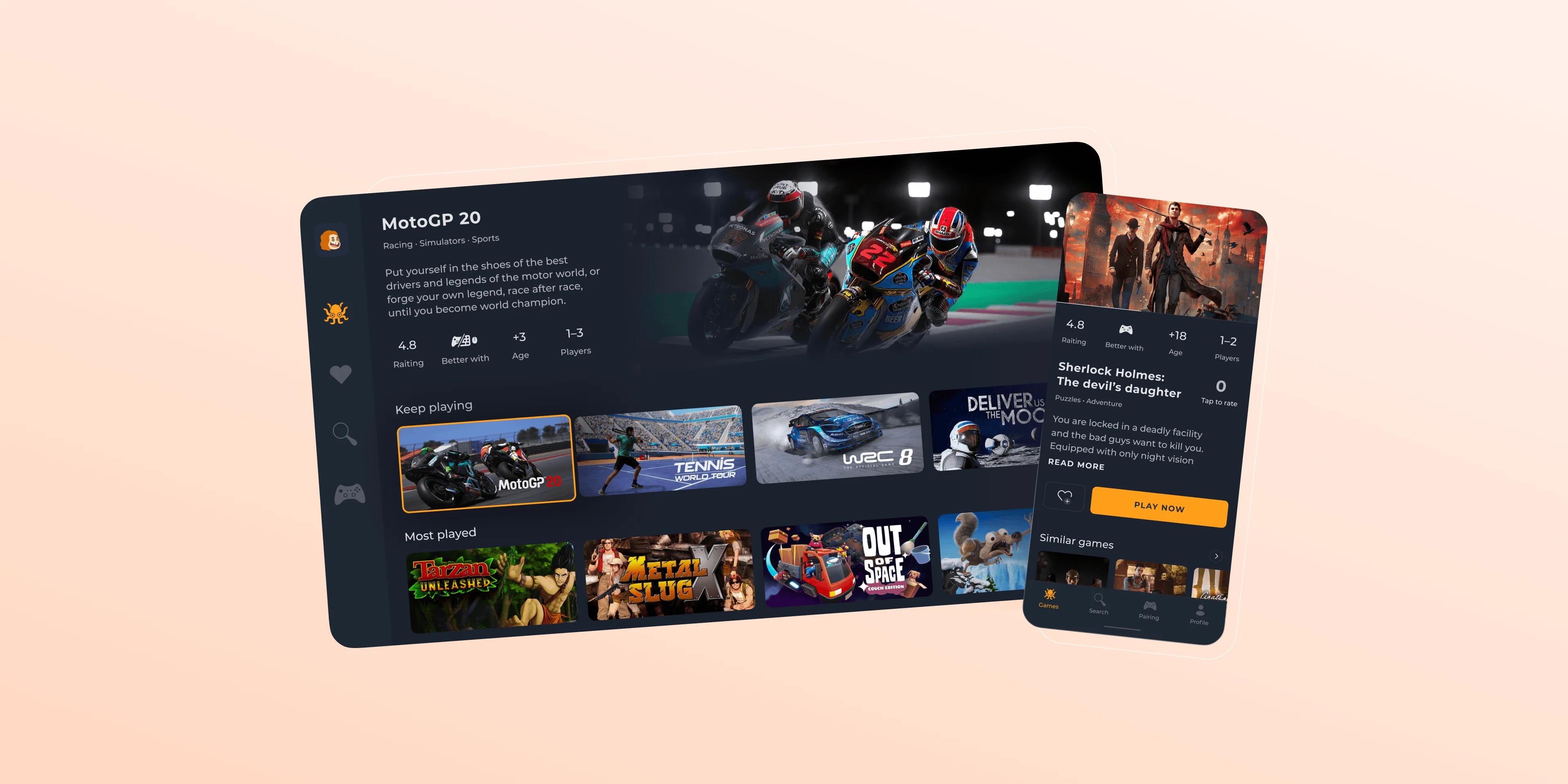 Tablet and mobile phone with video game app on screen