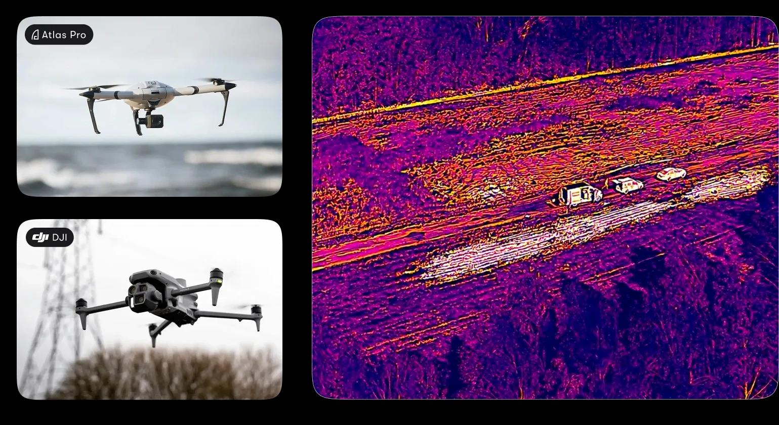 Image is showing drones integrated to ToTheRescue SAR software along with heat camera view example 
