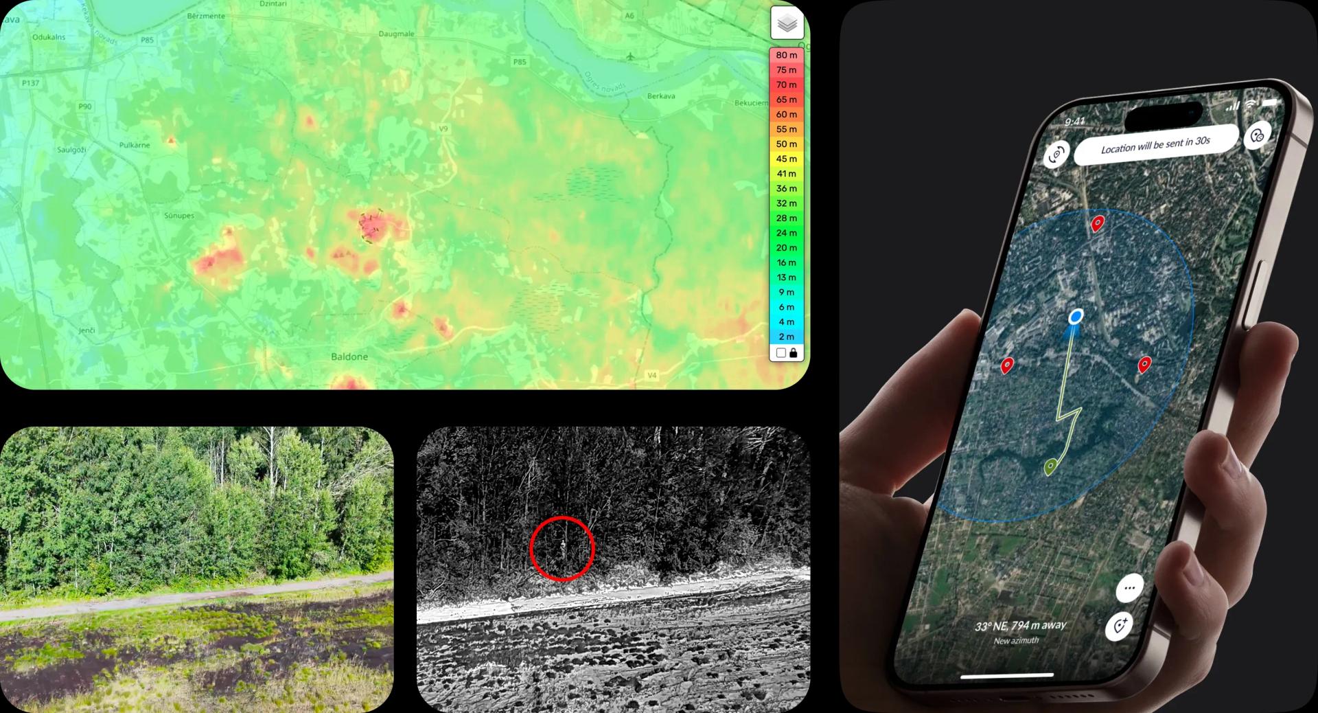 Image shows example of terrain cam, as well as person spotted in the woods using heat camera on the drone