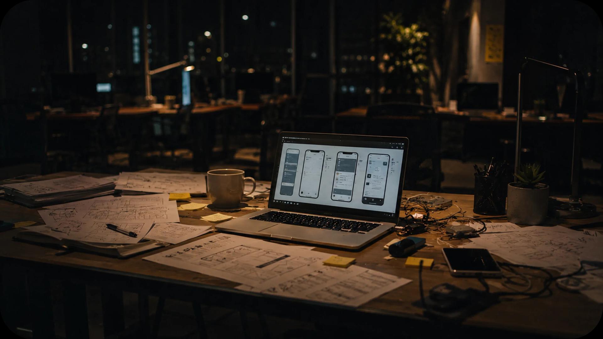 Image with a laptop on the table with mobile app design project opened