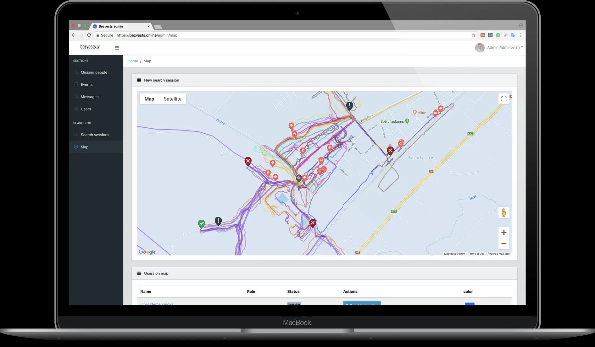 Image showing monitoring paths in the ToTheRescue platform interface