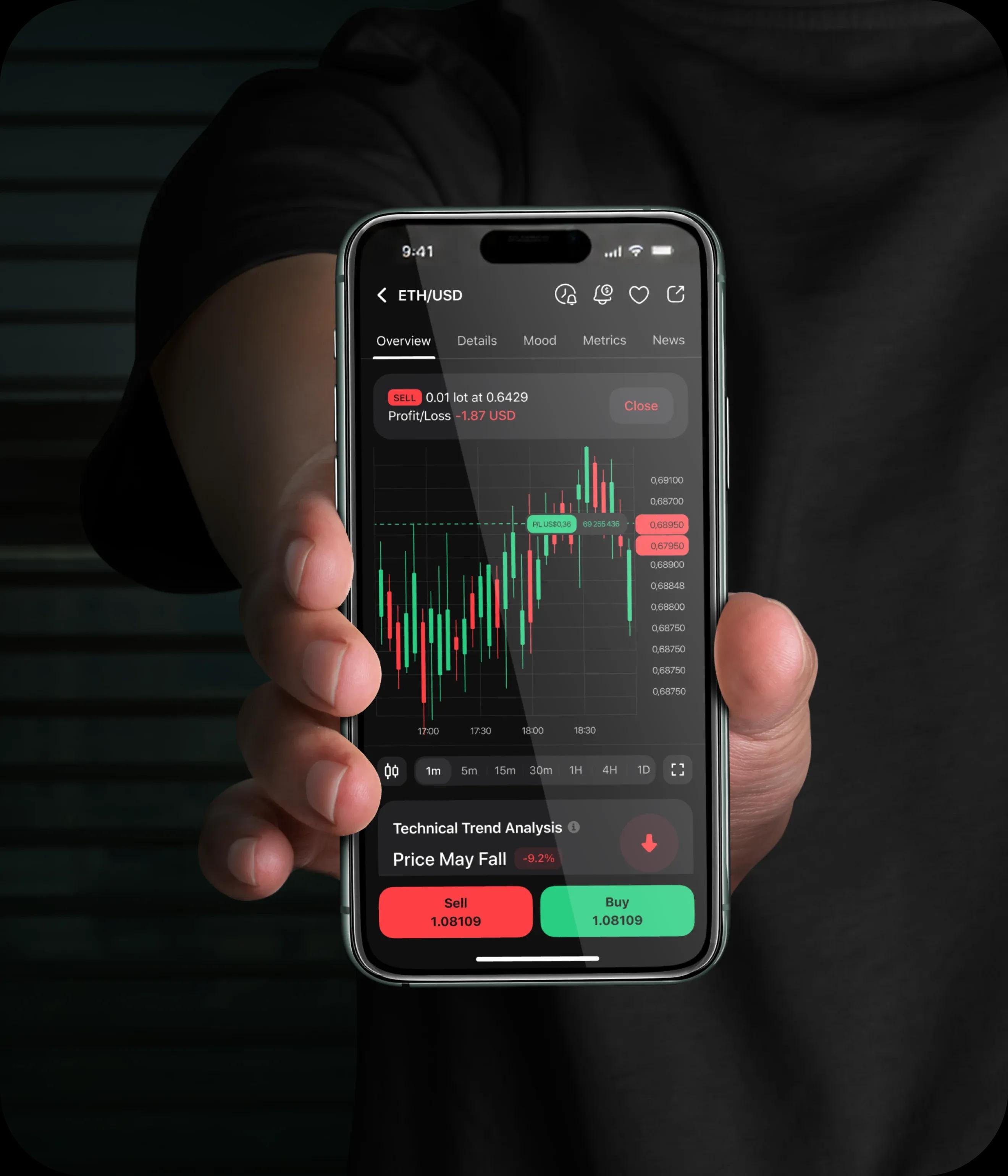 Person is holding a mobile phone with opened CFD broker mobile app