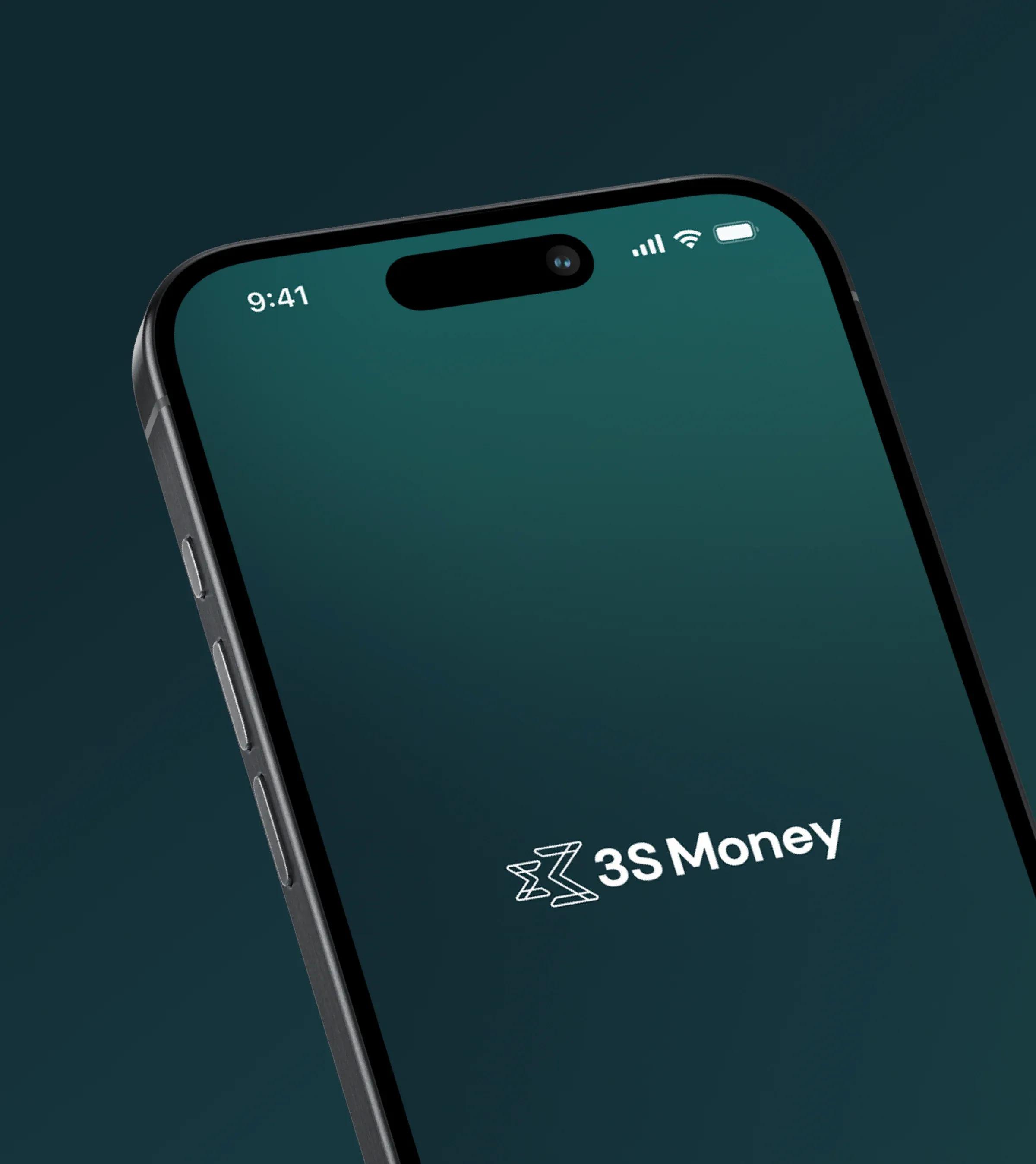 3S Money app small preview with splash screen on mobile device with dark green background