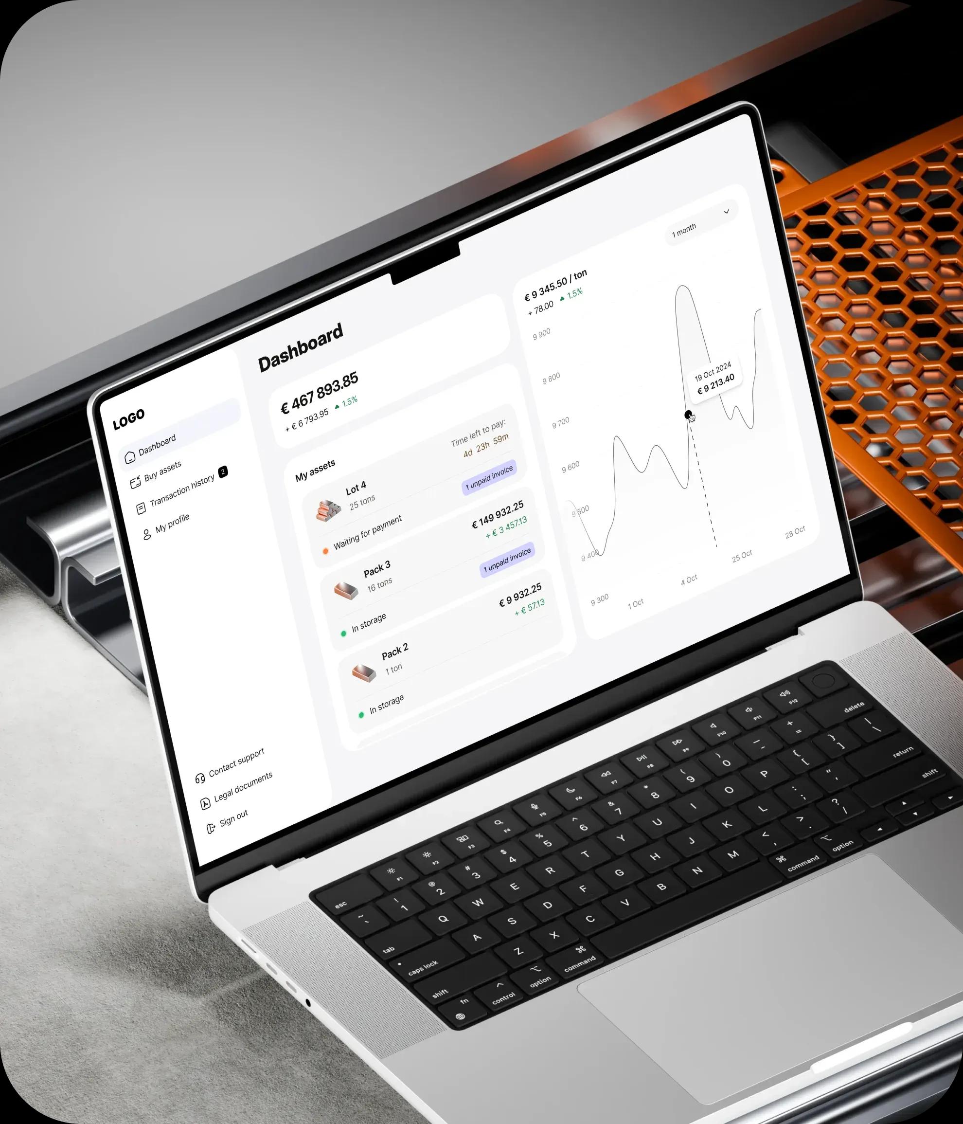 Laptop with opened web precious metal investment platform interface