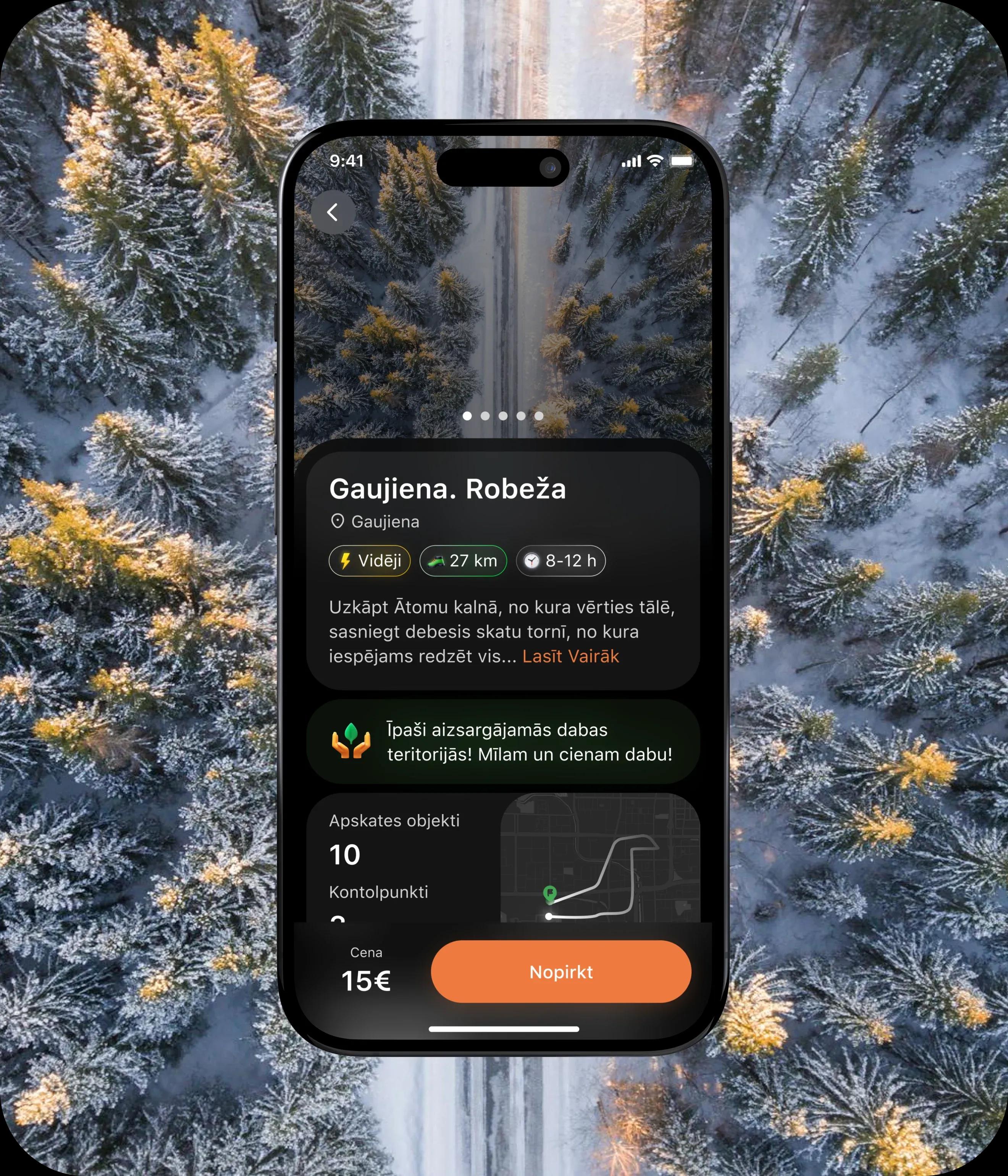 Phone with Rover app interface and forest in the background