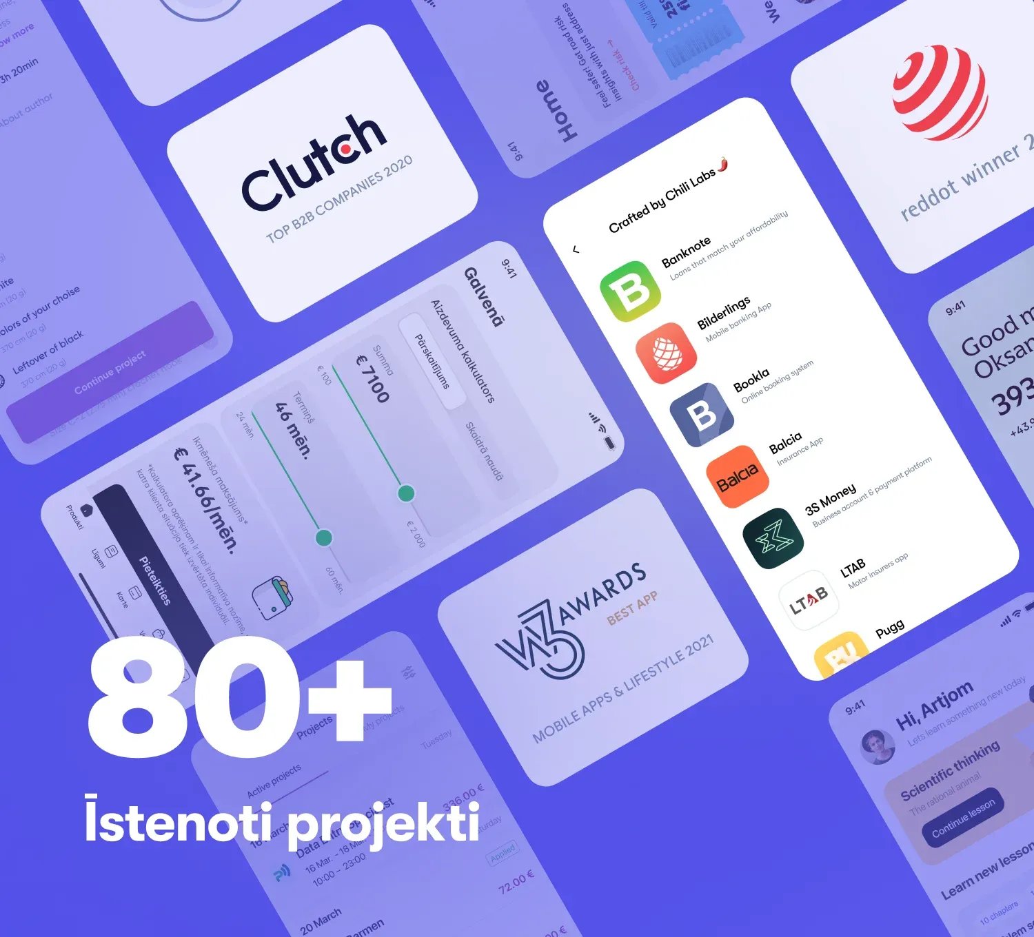 Apvienojot aizrautīgus izstrādātājus un dizainerus, lai sniegtu modernākos risinājumus, kļūstot par labāko mobilo lietotņu izstrādes uzņēmumu Baltijā, Chili Labs izstrādāto lietotņu attēlošana uz zila fona
