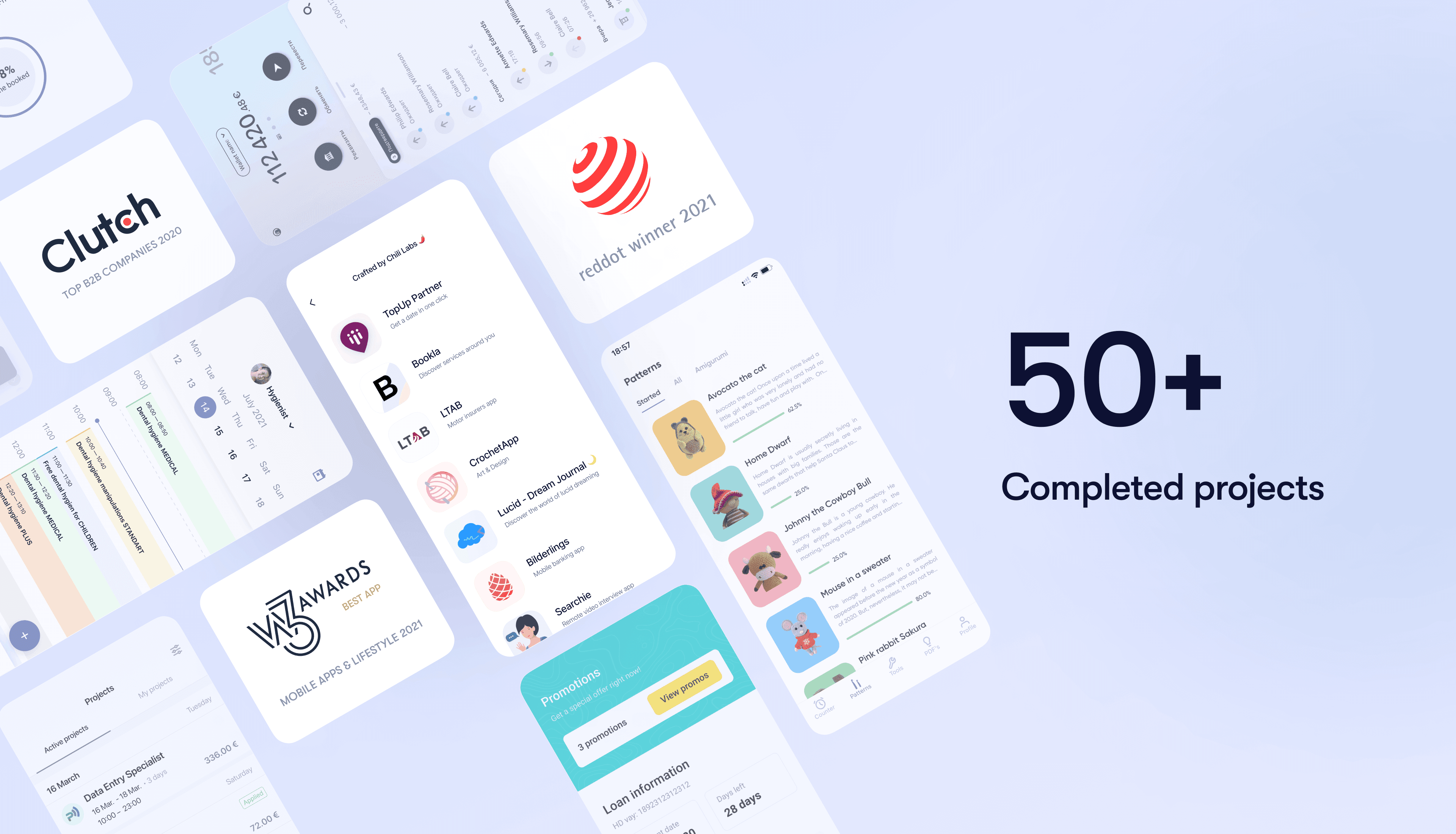 Over 50 completed mobile app screens are displayed on a white background
