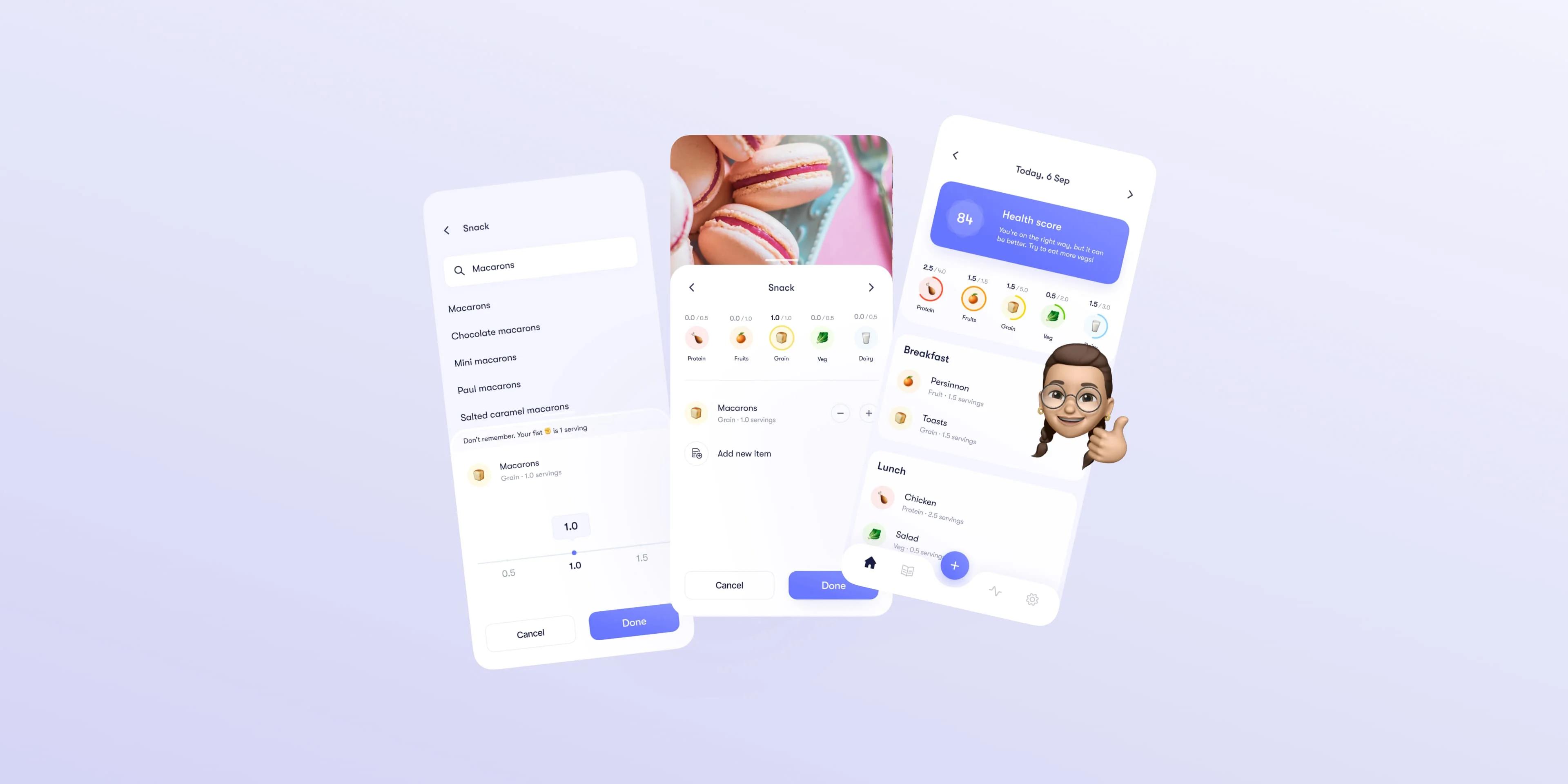 Health app on three mobile phone screens and emoji on the right