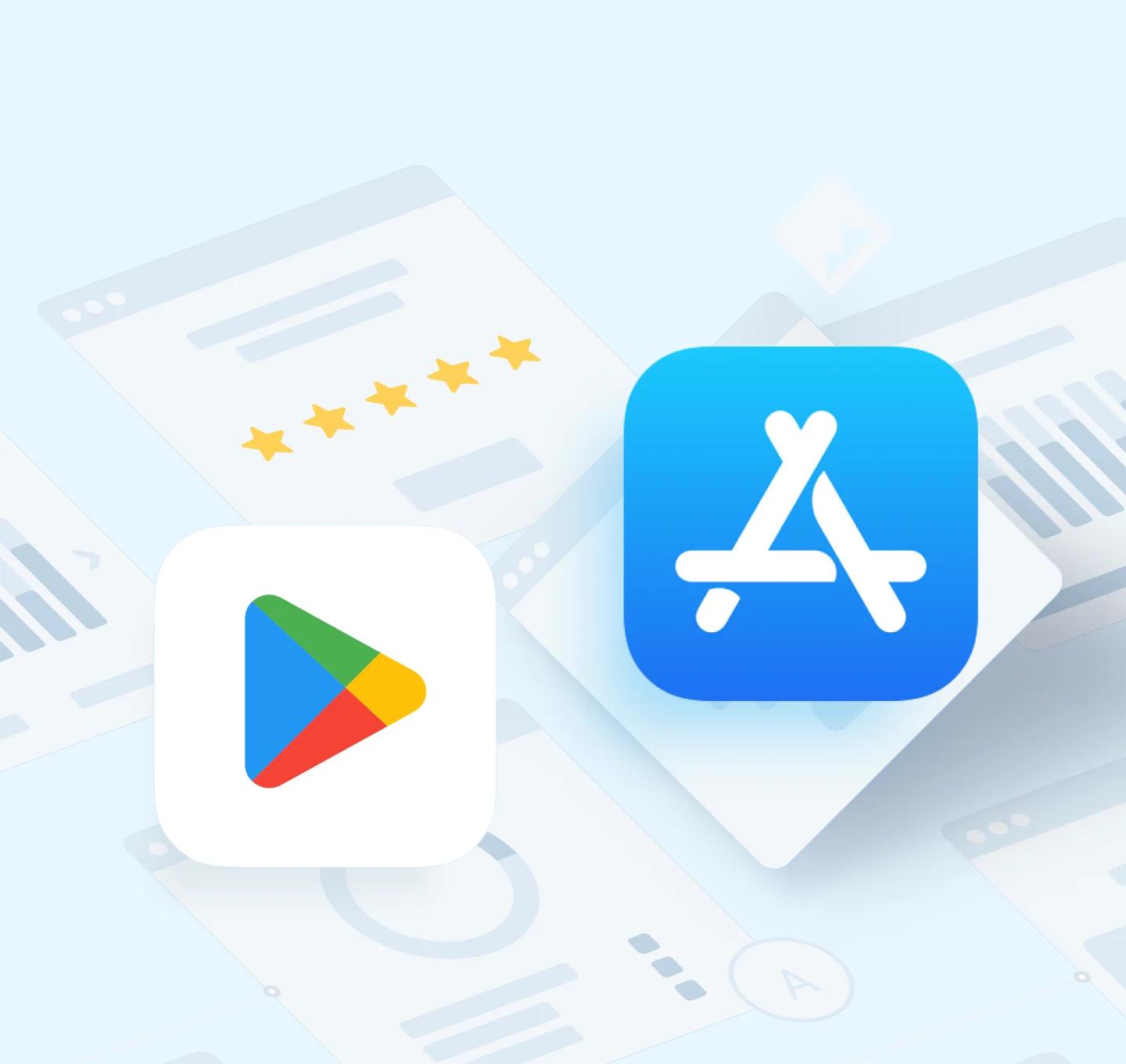 Google play and App store icons on blue background