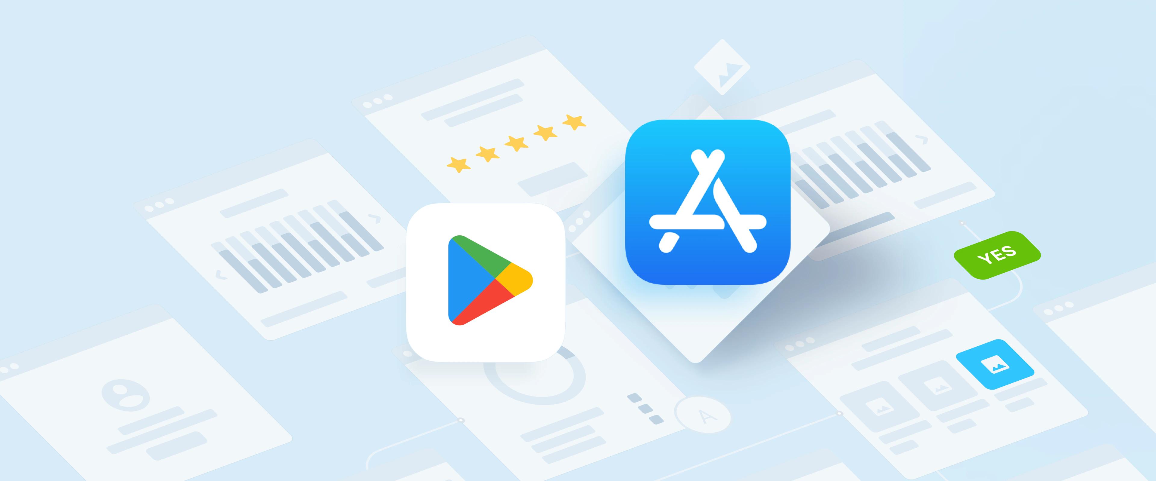 Google play and App store icons on blue background