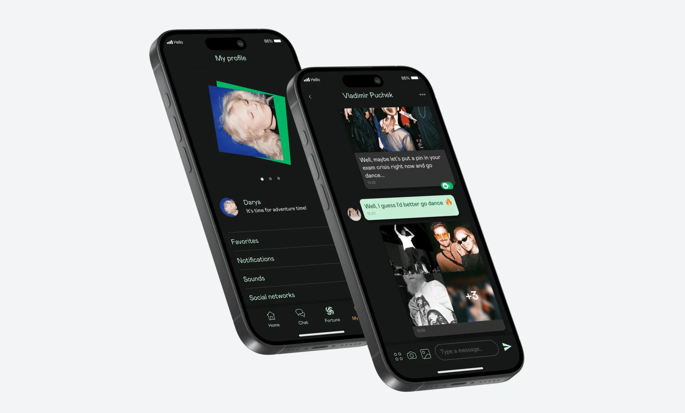 Two smartphones side by side displaying an open app with a dark theme