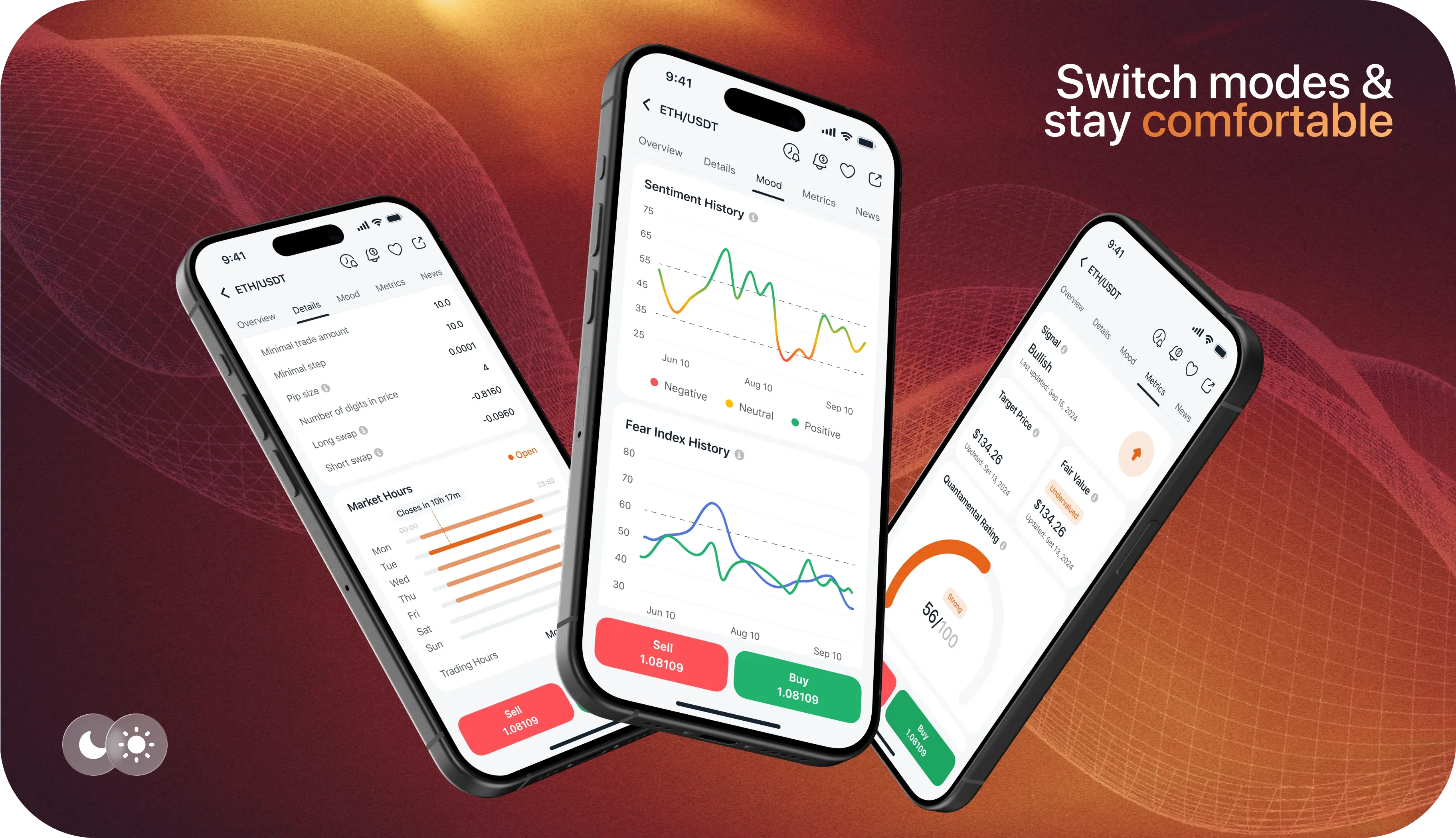 Image showing trading app with light mode and text: Switch modes & stay comfortable